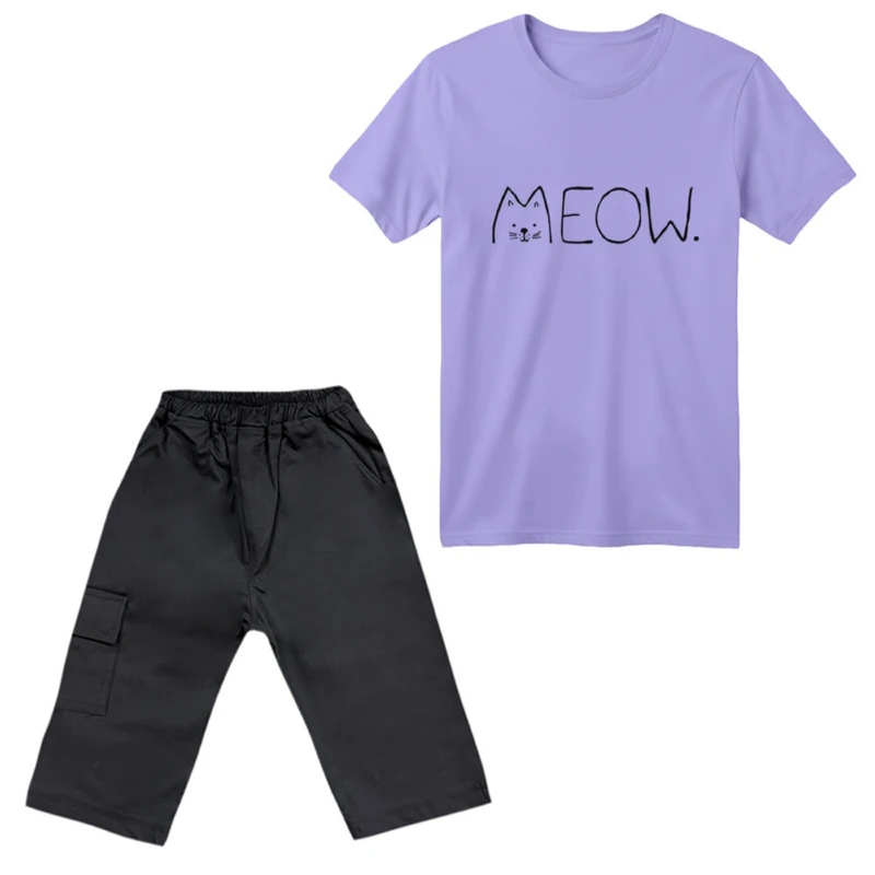 ست تی‌شرت آستین کوتاه و شلوارک دخترانه مدل گربه کد ۱۷