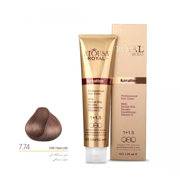 رنگ مو آتوسا رویال شماره 7.74 حجم 120 میلی لیتر رنگ شیر نسکافه ای