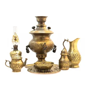 سرویس سماور ذغالی 7 پارچه برنجی مدل قلم کاری کد 3290