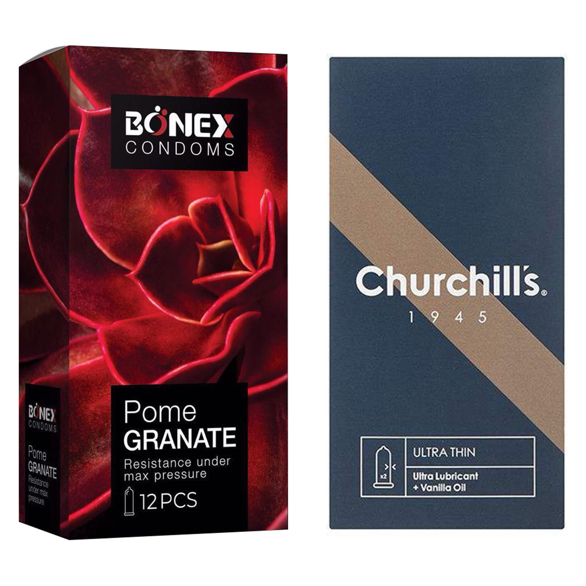 کاندوم چرچیلز مدل Ultra Thin بسته 12 عددی به همراه کاندوم بونکس مدل Pome Granate بسته 12 عددی 