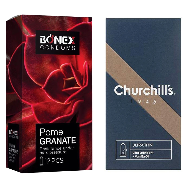 کاندوم چرچیلز مدل Ultra Thin بسته 12 عددی به همراه کاندوم بونکس مدل Pome Granate بسته 12 عددی