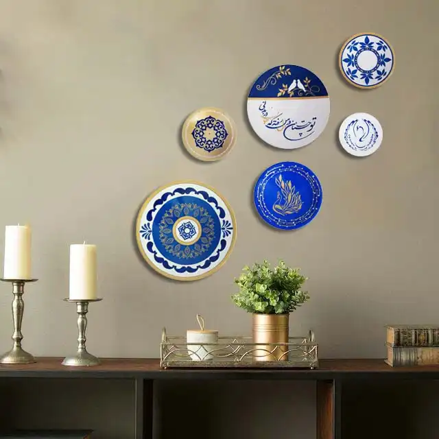 بشقاب دیوارکوب سفالی طرح هندسی کد S 039 مجموعه 6 عددی