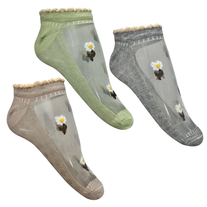 جوراب ساق کوتاه زنانه تن پوش هنگامه مدل گلدار شیشه ای  بسته 3 عددی