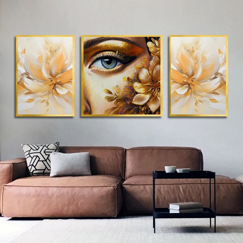 تابلو بکلیت طرح نقاشی رنگ روغن گل و چهره مدل T-2490 مجموعه 3 عددی