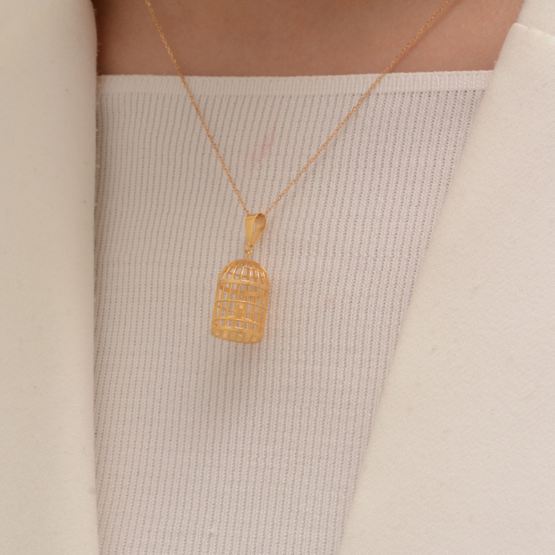 آویز گردنبند طلا 18 عیار زنانه طلای مستجابی مدل قفس و پرنده کد 107