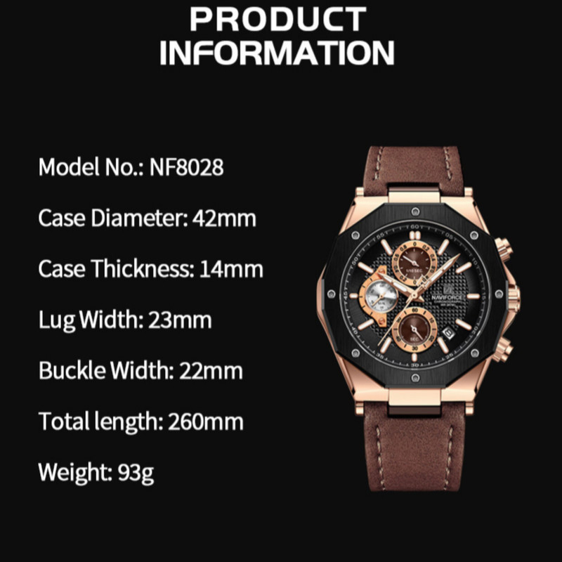 ساعت مچی عقربه‌ای مردانه نیوی فورس مدل کرنوگراف تقویمدار کد NF8028-RG.B.D