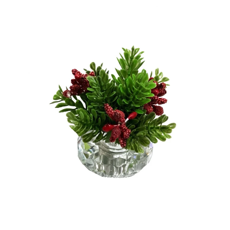 گلدان به همراه گل مصنوعی مدل کریستال و کاج مینیاتوری