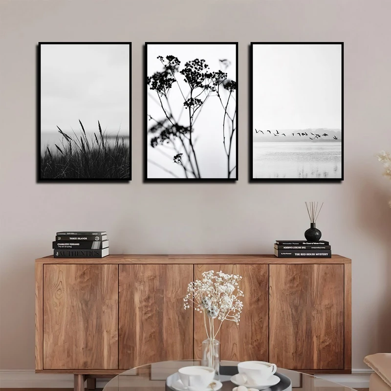 تابلو بکلیت طرح دریا و پرنده مدل B-4039 فریم مشکی مجموعه 3 عددی