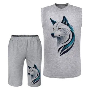 ست تاپ و شلوارک مردانه مدل گرگ سفید A487 رنگ طوسی