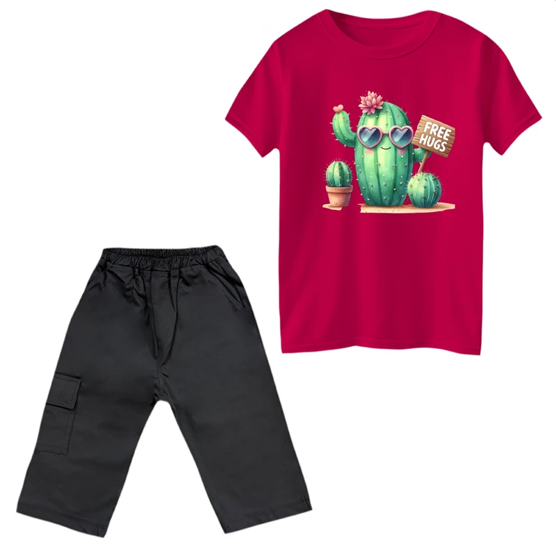 ست تی‌شرت آستین کوتاه و شلوارک دخترانه مدل کاکتوس و تابلو