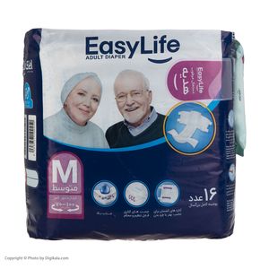 پوشینه بزرگسال ایزی لایف مدل چسبی سایز متوسط بسته 16 عددی به همراه دستمال مرطوب مدل 01 بسته 10 عددی