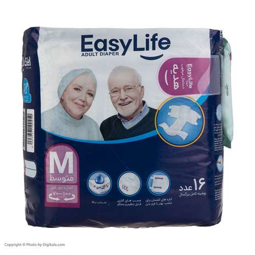 پوشینه بزرگسال ایزی لایف مدل چسبی سایز متوسط بسته 16 عددی به همراه دستمال مرطوب مدل 01 بسته 10 عددی