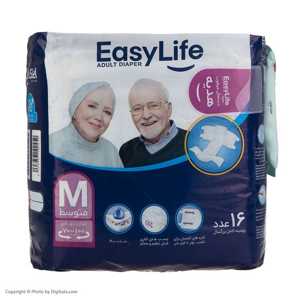 پوشینه بزرگسال ایزی لایف مدل چسبی سایز متوسط بسته 16 عددی به همراه دستمال مرطوب مدل 01 بسته 10 عددی