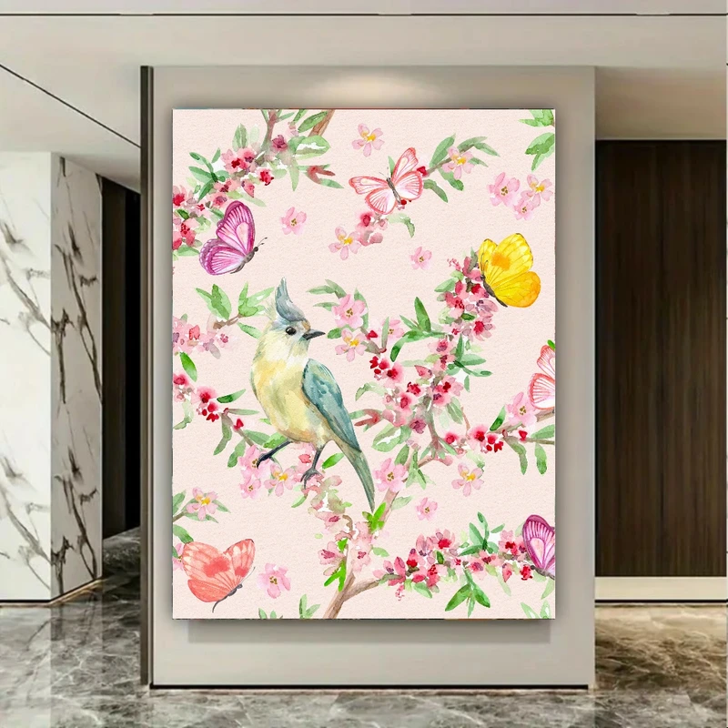 پوستر پارچه ای طرح مخمل نقاشی پرنده مدل گل و پروانه کد PY524