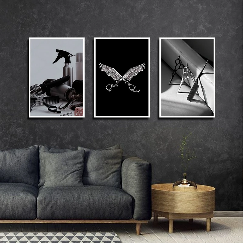 تابلو بکلیت طرح آرایش و پیرایش مردانه مدل W-4204 رنگ فریم سفید مجموعه 3 عددی