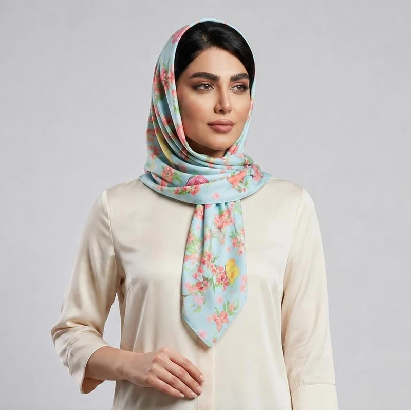 روسری زنانه مدل ابریشم توییل طرح کبوتر شانه کد ab520