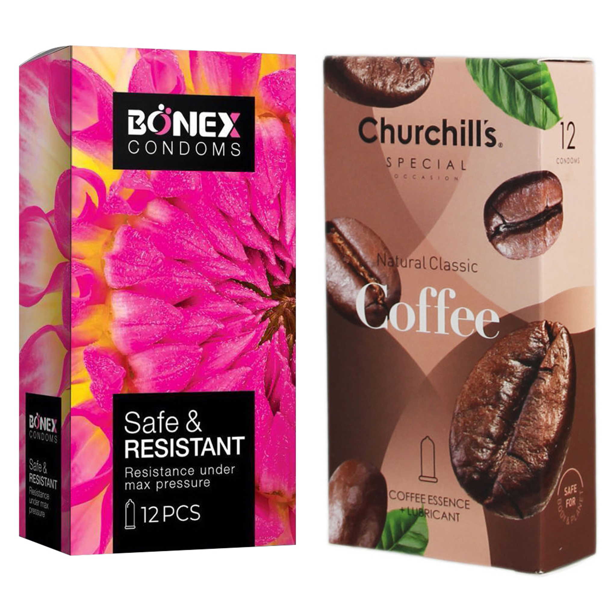کاندوم چرچیلز مدل Coffee بسته 12 عددی به همراه کاندوم بونکس مدل Safe & Resistant بسته 12 عددی