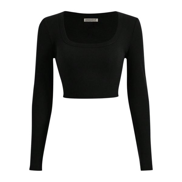 کراپ‌ تی‌شرت آستین بلند زنانه آرمادیا مدل کبریتی یقه اسکوپی کد BK06