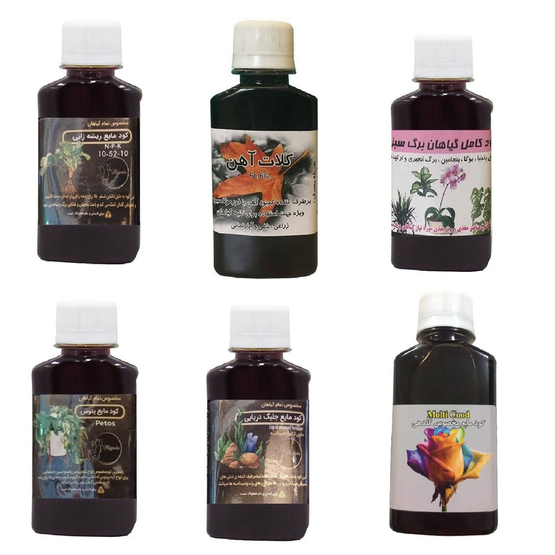 کود مایع فسفر ریشه زایی 10-52-10 و کلات آهن و کود کامل گیاهان برگ سبز و کود پتوس و کود جلبک دریایی و کود گلدهی مدل life drop حجم 120 میلی لیتر