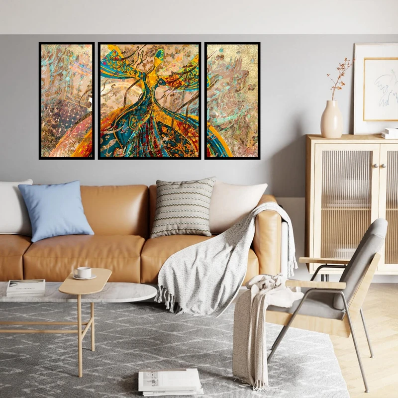 تابلو ساده بکلیت طرح مدرن دیجیتال آرت مدل شاین اکلیلی B-2945 فریم مشکی مجموعه 3 عددی