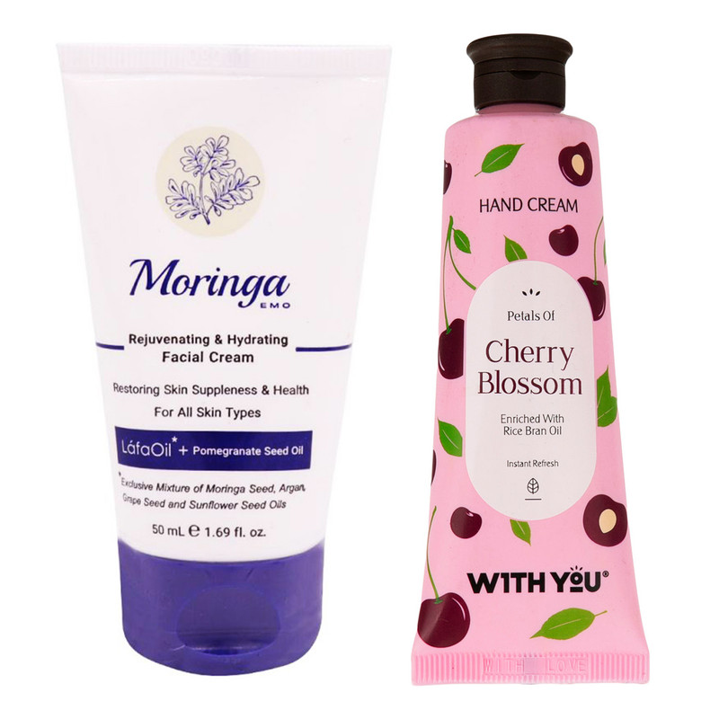 کرم آبرسان مورینگا امو مدل Rejuvenating حجم 50 میلی لیتر به همراه کرم مرطوب کننده ویت یو مدل Cherry Blossom حجم 50 میلی لیتر