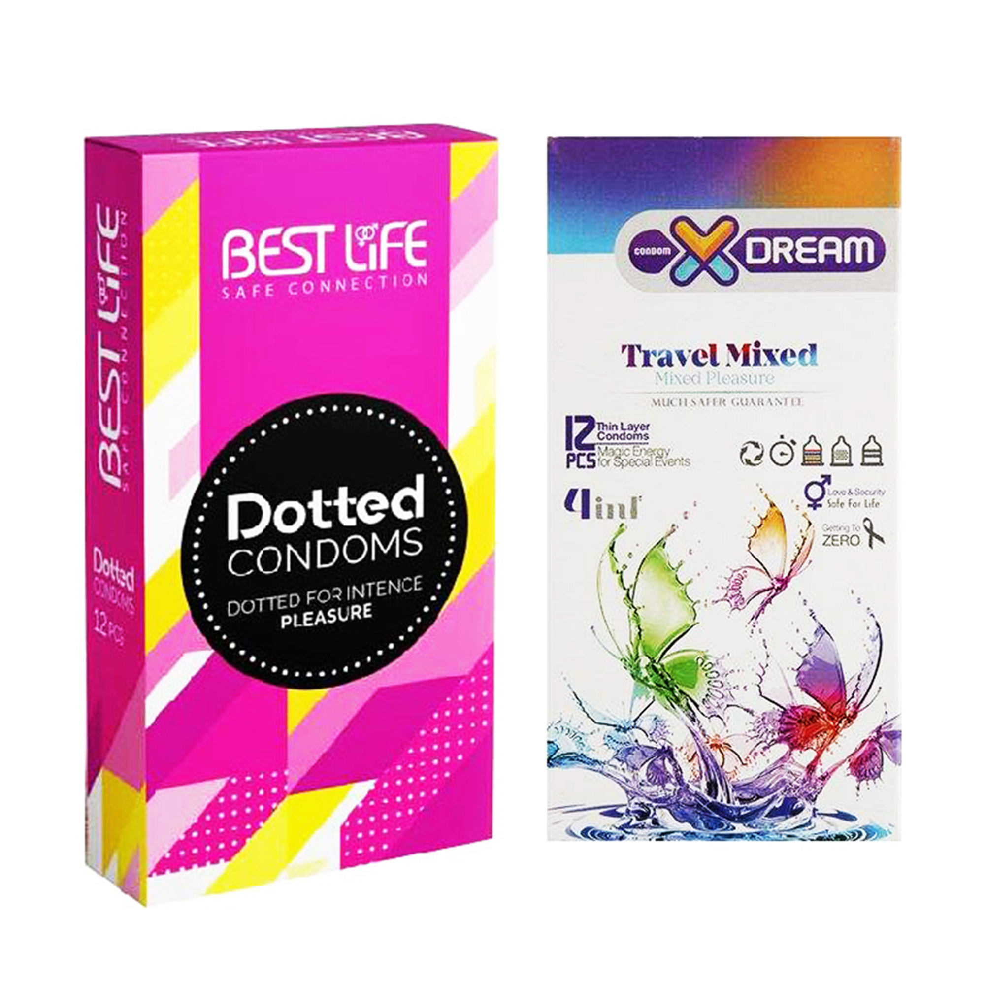 کاندوم بست لایف مدل Dotted بسته 12 عددی به همراه کاندوم ایکس دریم مدل Travel Mixed بسته 12 عددی