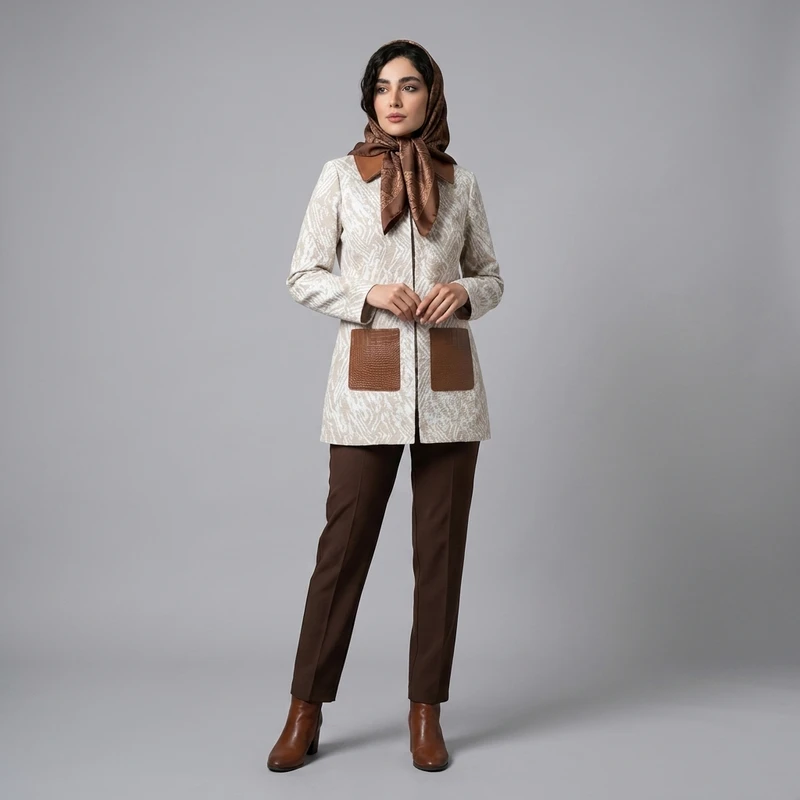 مانتو زنانه مدل ژاکارد یقه چرمی