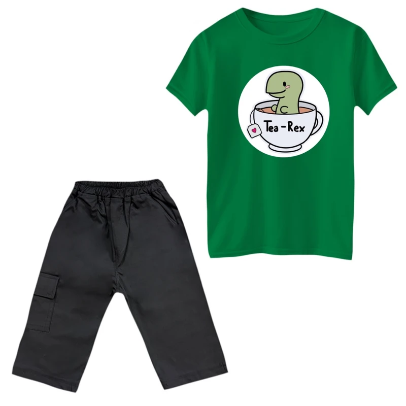 ست تی‌شرت و شلوارک پسرانه مدل دایناسور و چای
