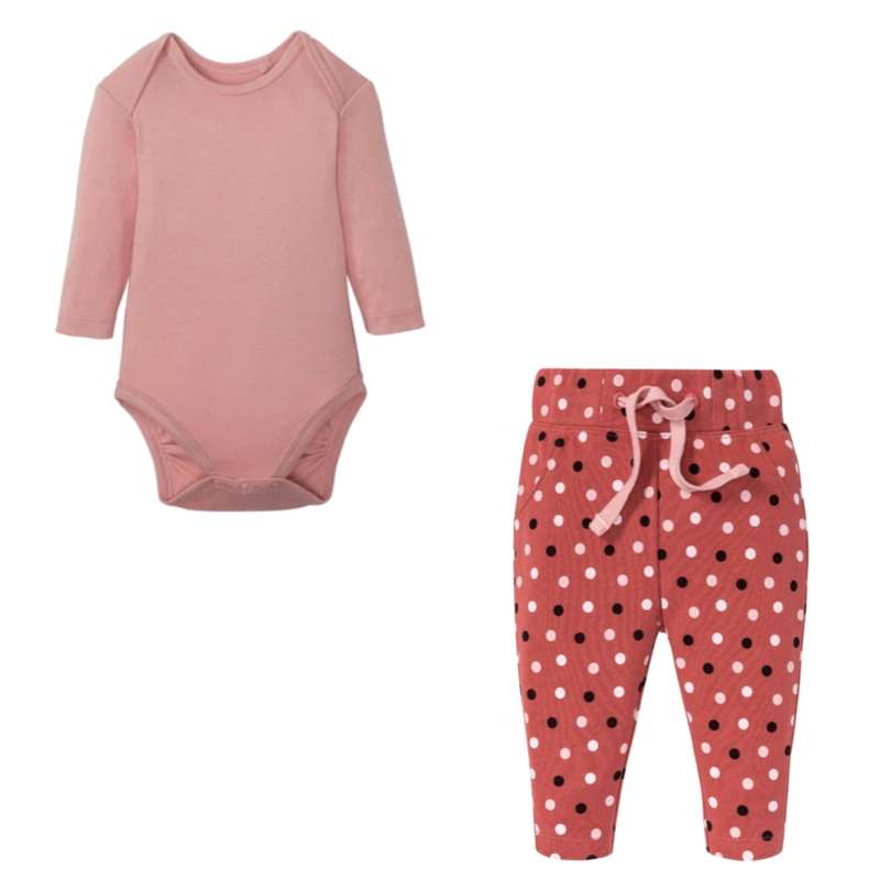 ست بادی آستین بلند و شلوار نوزادی لوپیلو مدل خالخالی