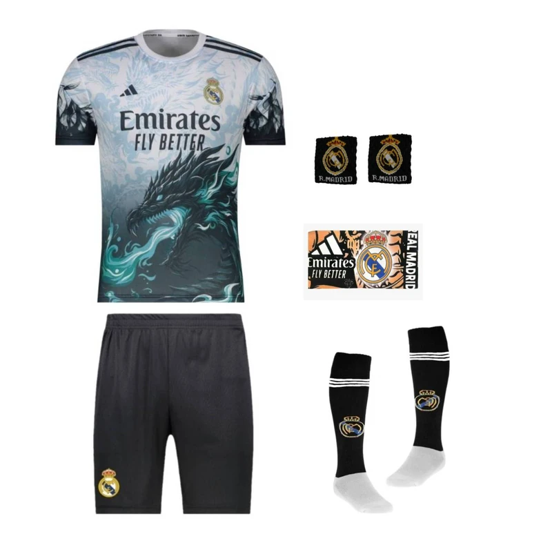 ست 5 تکه لباس ورزشی پسرانه مدل دراگون رئال مادرید طرح امباپه شماره 10با بازوبند کد 2026YK