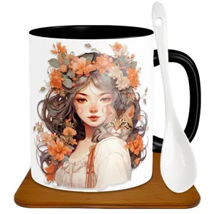 ماگ طرح دختر و گربه مدل S1011 به همراه زیر لیوانی و قاشق