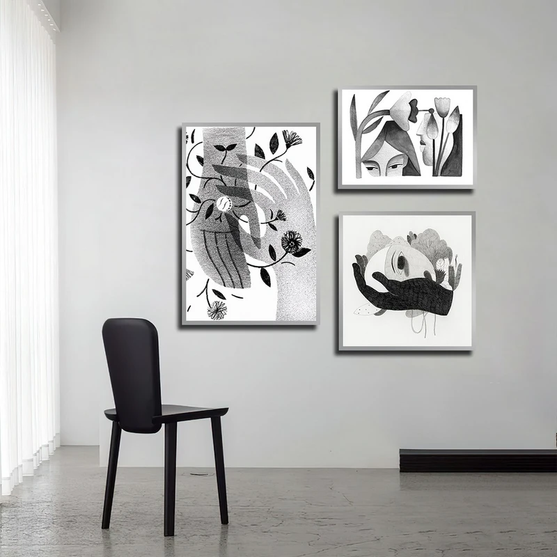 تابلو بکلیت طرح نقاشی مدرن و دست مدل SI-3914 فریم نقره ای مجموعه 3 عددی