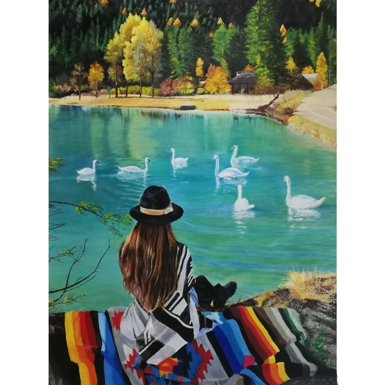 تابلو نقاشی رنگ روغن مدل دختر و دریاچه کد 03