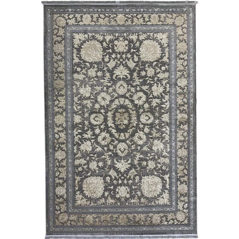 فرش ماشینی 500 شانه لک لک  زمینه طوسی حاشیه نسکافه ای مدل 1038