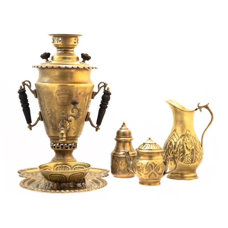 سرویس سماور ذغالی 6 پارچه برنجی مدل سوزنی کد S-4184