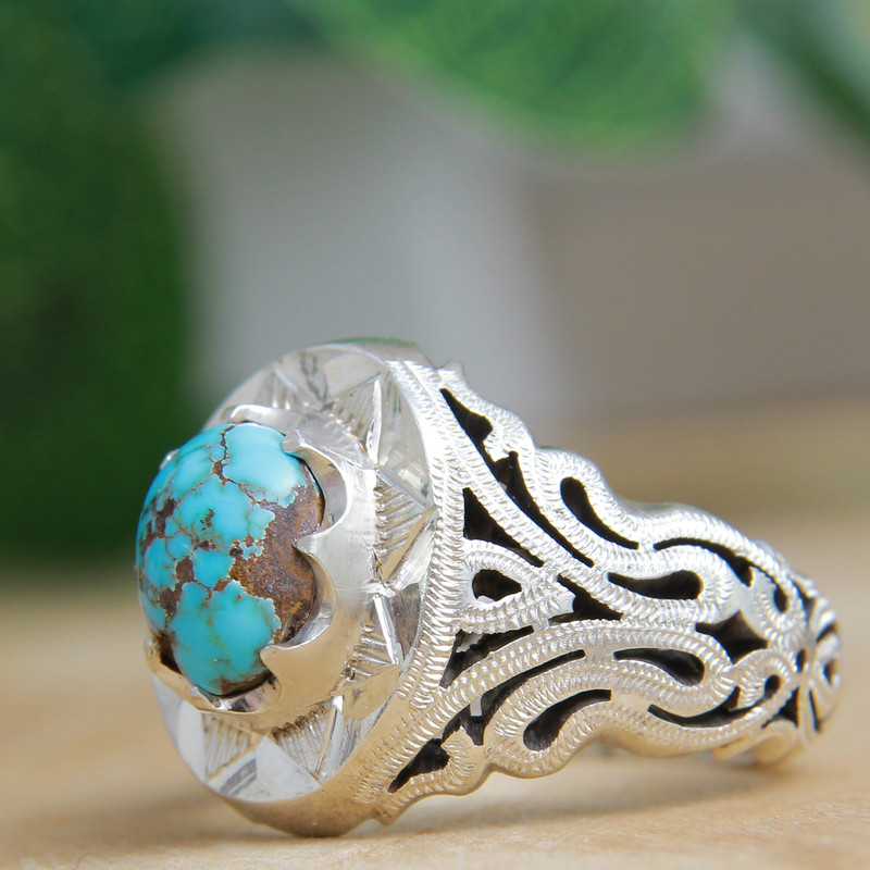 انگشتر نقره مردانه بازرگانی میلادی مدل فیروزه نیشابور رکاب دستساز کد AM_972