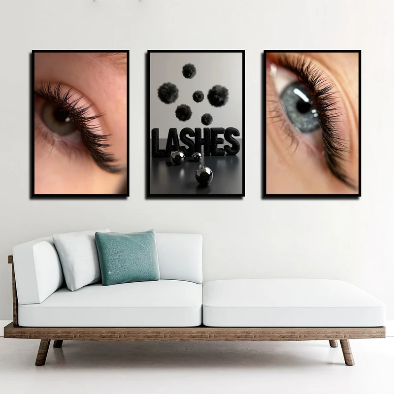 تابلو بکلیت طرح سالن زیبایی و کاشت مژه مدل B-4057 فریم مشکی مجموعه 3 عددی
