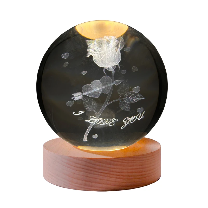 چراغ خواب مدل گوی کریستال سه بعدی طرح گل i love you 