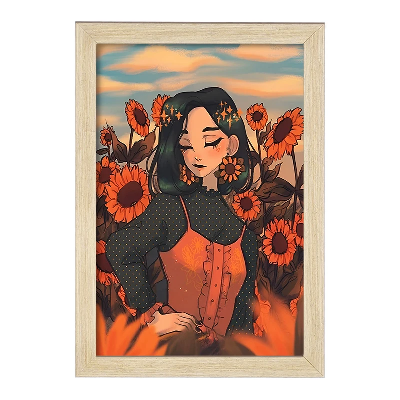 تابلو خندالو مدل دختر و گل آفتابگردان کد F7385