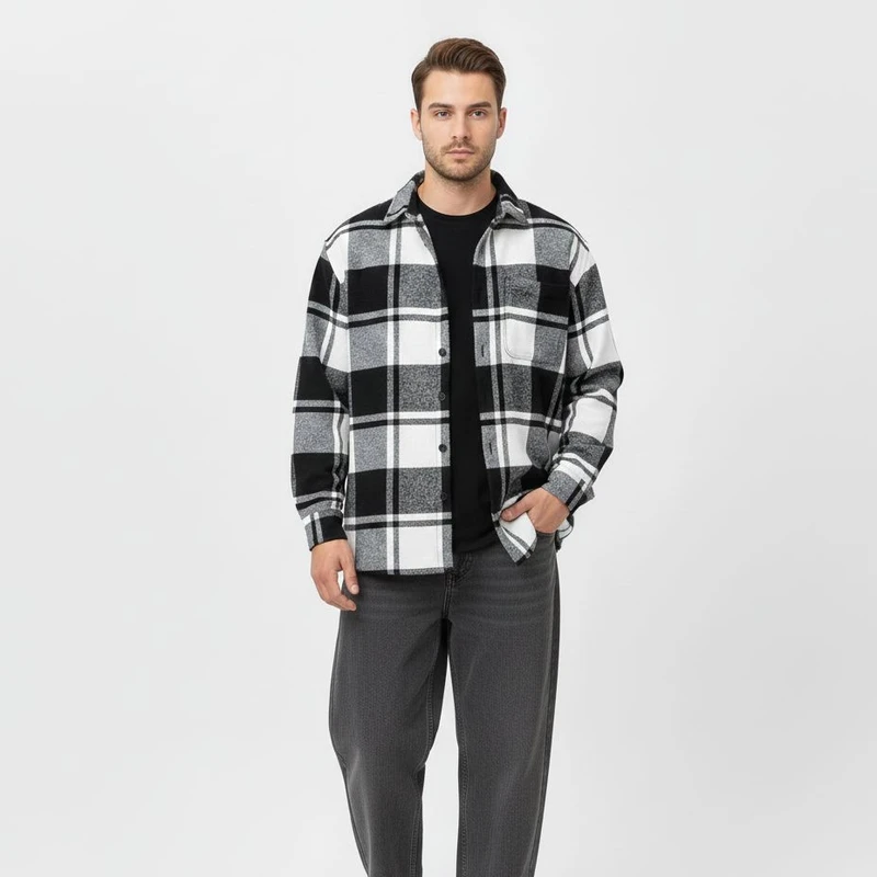 پیراهن آستین بلند یقه برگردان مردانه مدل پشمی قواره باکسی 8091