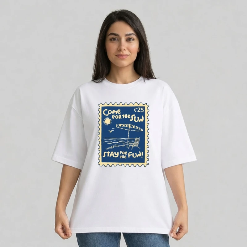 تی شرت آستین سه ربع زنانه مدل باکسی طرح تمبر کد b01