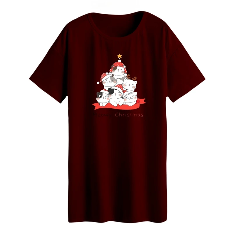 تی شرت لانگ زنانه مدل گربه کریسمس کد 1