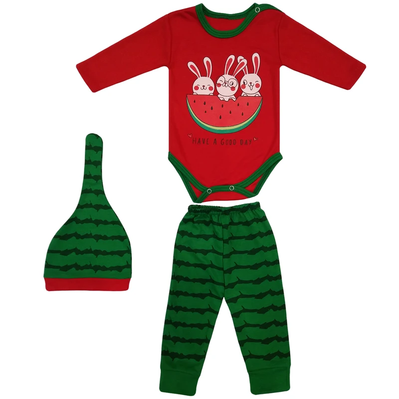 ست 3 تکه لباس نوزادی مدل یلدا طرح خرگوش ها و هندوانه