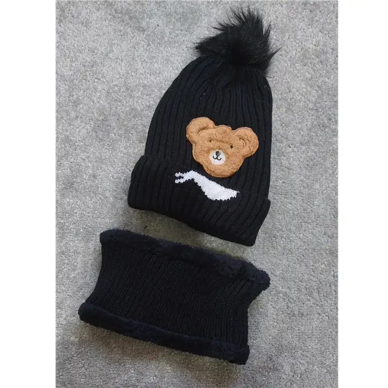 ست کلاه و شال گردن بچگانه مدل تدی رنگ مشکی