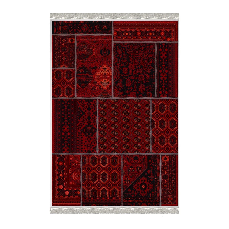 فرش ماشینی 1000 شانه هانوکس زمینه قرمز لاکی حاشیه چند رنگ مدل لاکی کد HAL.003.1