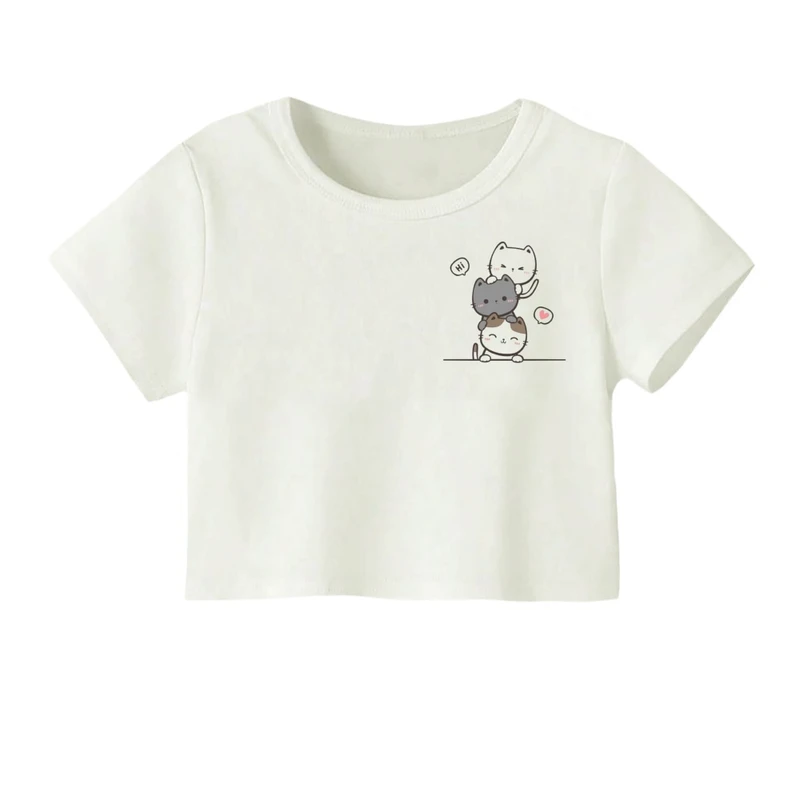 کراپ‌ تی‌شرت آستین کوتاه زنانه مدل گربه کوچک