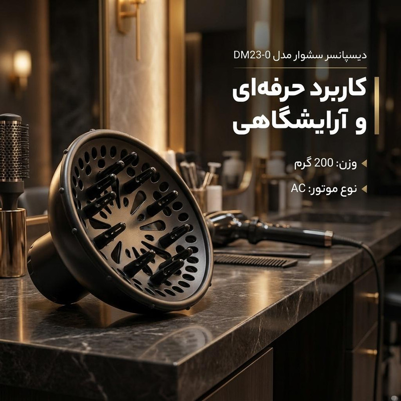 دیسپانسر سشوار مدل DM23-0 با طراحی پره‌دار، وزن 200 گرم، توان مصرفی 1 وات، موتور AC، مناسب استفاده حرفه‌ای و آرایشگاهی