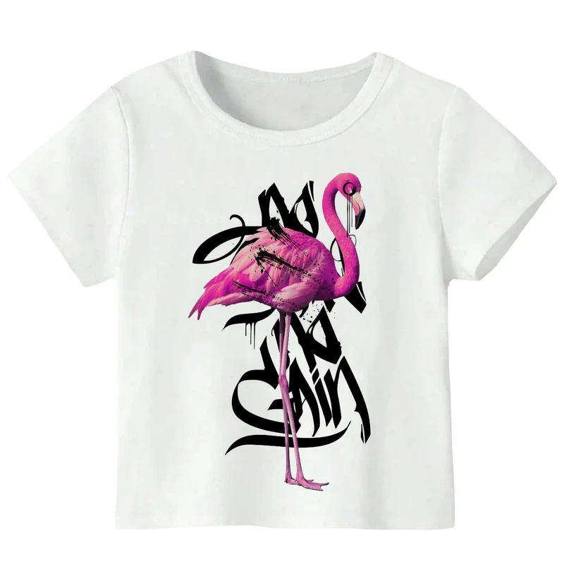 تی‌شرت آستین کوتاه دخترانه مدل W115 طرح فلامینگو