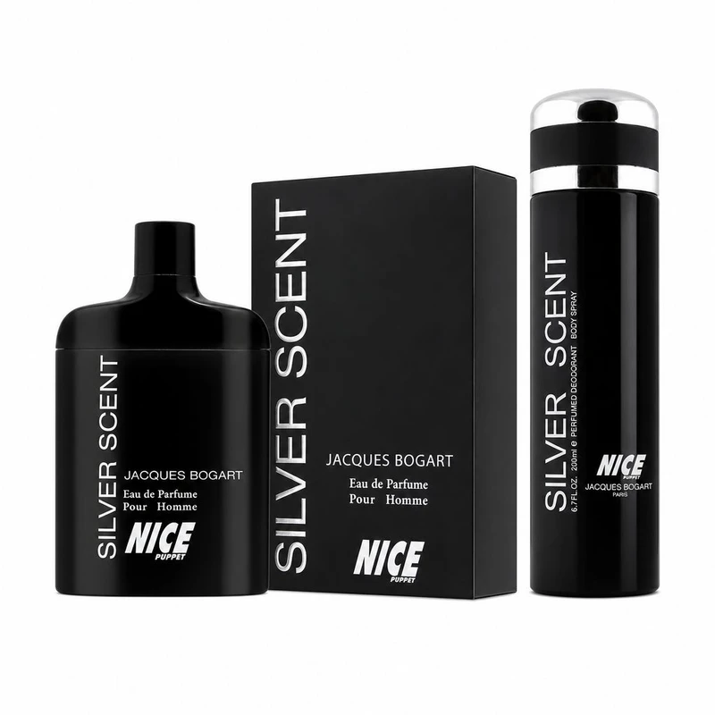 ست ادوپرفیوم مردانه نایس پاپت مدل Silver Scent با رایحه گرم و شرقی حجم 85 میلی‌لیتر و اسپری بدن مردانه نایس پاپت مدل Silver Scent با رایحه گرم و چوبی حجم 200 میلی لیتر