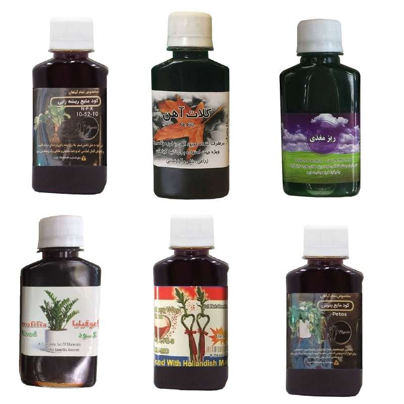 کود مایع فسفر ریشه زایی 10-52-10 و کلات آهن و ریز مغذی و کود زاموفیلیا و کود بامبو و کود پتوس مدل life drop حجم 120 میلی لیتر